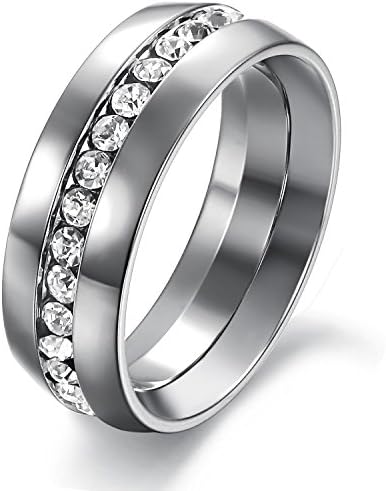 KasLin Wide 7MM Stainless Steel Cubic Zirconia Ring Wedding Band Size 5 to 11