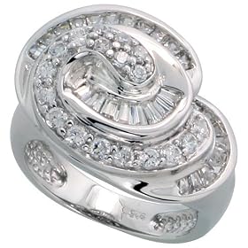 Sterling Silver Cocktail Ring, Rhodium Plated w/ 28 Baguette & 18 Round High Quality Cubic Zirconia Stones, 5/8" (16mm) wide