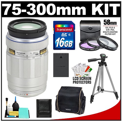 Olympus M.Zuiko 75-300mm f/4.8-6.7 ED Digital Zoom Lens (Silver) with 16GB Card + BLS-1/BLS-5 Battery + Case + Tripod + Accessory Kit for PEN Micro 4/3 E-P1, E-P2, E-PL1, E-PL2 Cameras