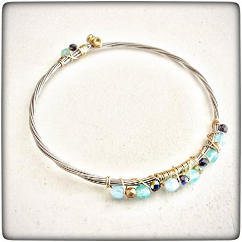 Musically Inspired Wire Wrapped Guitar String Bangle Bracelet - Czech Crystal - Collectable - Stackable - Vegan - Eco Friendly - Ready to ship