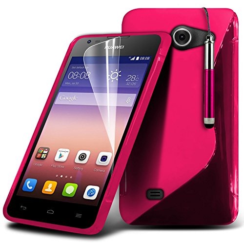 ( Hot Pink ) Huawei Ascend Y550 Case Stylish Designed S Line Wave Gel Skin Cover With LCD Screen Protector Guard, Polishing Cloth & Mini Retractable Stylus Pen by Fone-Case