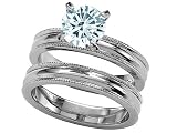 1.35 cttw Sterling Silver 14K White Gold Plated Genuine Round Aquamarine Engagement Wedding Set - Gold Plated Silver