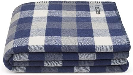 Pure Wool Blanket 100%. Throw blanket for home and camping. Plaid nice for babies children. Twin size 140x180 warm and washable wool blanket. Full size bed sofa. Woolkrafts (without leather holder, Blue/White)
