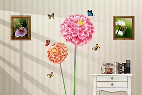 Salala Two Tall Red Blossoming Flowers with Flying Butterflies Wall Art Mural Decor Decal Wall Sticker