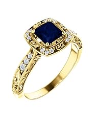18K Yellow Gold 5.00x5.00mm Princess Cut Chatham Created Sapphire and Diamond Ring -- LIFETIME WARRANTY