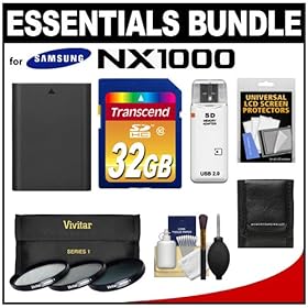 Essentials Bundle for Samsung NX1000 Digital Camera and 20-50mm Lens with BP1030 Battery + 32GB Card + 3 UV/CPL/ND8 Filters + Accessory Kit