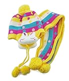 Plus Nao(プラスナオ) 子供用 ニット帽＆マフラー 2点セット セットアップ 耳あて付き うさぎ付き ボンボン付き ボーダー バイカラー ベビー キッズ 女の子 男の子 冬帽子 - ローズ