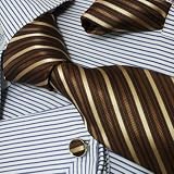 Ph1016 Italian Style Brown Stripes 100% Jacquard Woven Silk Tie Hanky Neck Tie for Him and Cuff Links Cufflinks for Men and Handkerchiefs Set with Presentation Box