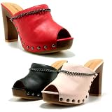New Womens Clogs Mules Studded Platform Wooden Heel Shoes Sz 3-8