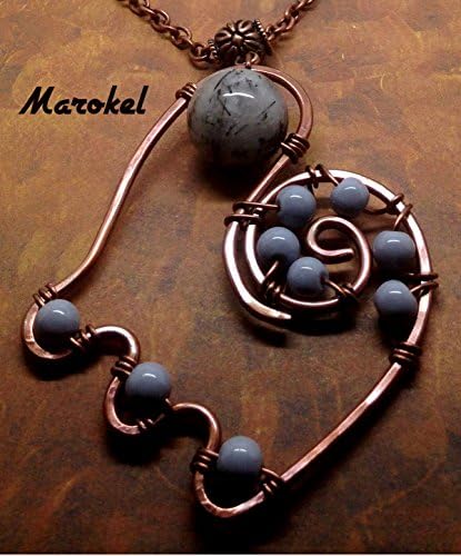 Black Hair Quartz Necklace Abstract Copper Wire Coils Gray beads Boho Design Wire Wrapped