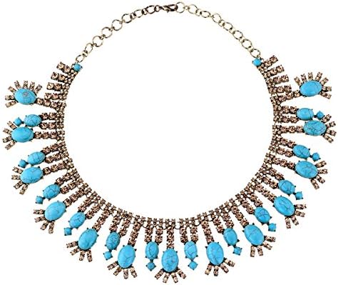 Kaymen Jewelry Antique Gold Plated Cross Chains Blue Turquoise and Rhinestone Tree Branch Statement Choker Necklaces for Women 2 Colors (Blue)