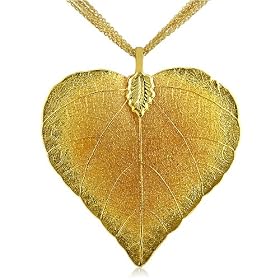 Heart Shaped 24K Gold Overlay Leaf Pendant on Multi Chain Necklace