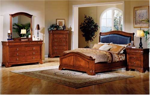 Vintage Classic Wood Leather King Master Bedroom Furniture Set: King Bed, Dresser, Mirror and 2 Night Stands 