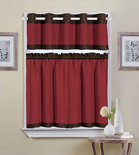 London 3-piece Kitchen Curtain Valance & Tiers Set - 60x14 & 30x36 (Burgundy & Chocolate)