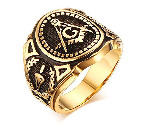 Stainless Steel Gold Plated Vintage Freemason Symbol Masonic Rings Bands for Men, Size 8