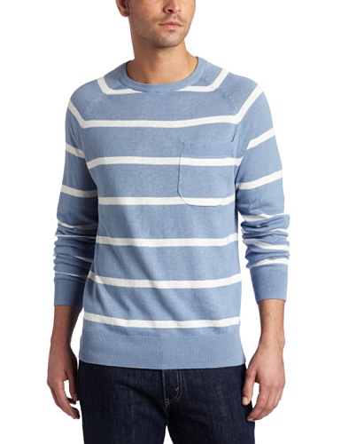 French Connection Men's Isopach Linen Stripe Sweater, Infinity Blue/Cuba White, Large