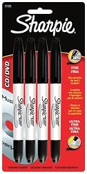 SHARPIE CD DVD TWIN TIP BLACK MARKER PENS 4-PK (1-Card)