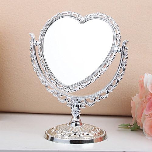 Esmezon Heart Style Table Top Cosmetic Mirror Desktop Rotatable Double Sided Mirror Gothic Style Makeup Stand Mirror Silver Plated