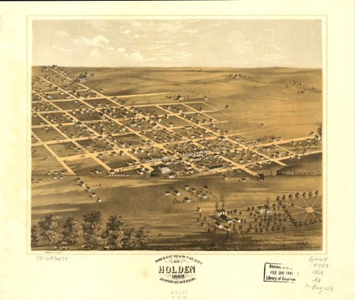 Bird's eye view of the city of Holden, Johnson Co., Missouri 1869. Drawn by A. Ruger., large historic panoramic map reprint 42x36