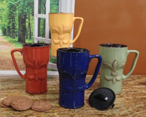 Set of 4 Hand Painted Assorted Colors Fleur De Lis Ceramic Coffee Travel Mugs w/Lid 6-1/4