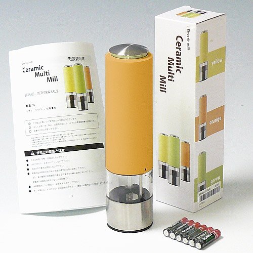 訳あり ミル 電動 セラミック歯仕様 粗さ調節機能 ライト付『2way 電動ミル ペッパー＆ソルト兼用』オレンジ （X373-S1)