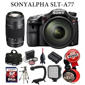 Sony Alpha 77 SLT-A77 24.3 MP Translucent Mirror Digital SLR Camera with Sony SAL 16-50 f/2.8 Standard Zoom Lens + Sony 75-300mm f/4.5-5.6 Zoom Lens + LexSpeed 64GB Class 10 Memory Card + Deluxe Padded Camera Bag + Spare Battery + Action Stabilizing ForeGrip Handle + Sunpak Mono-Tripod + LED Compact