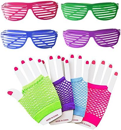 RD Lane 4 Pairs of Finger-less Gloves for Retro Rock Pop Star Disco Dress-Up Party 4 Pcs Shutter Style Plastic Shutter Glasses Shades Sunglasses Eyewear Party Neon Colors Glasses