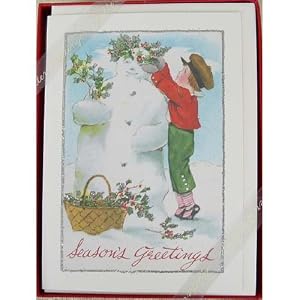 Boy with Snowman Cavallini Glitter Greetings Boxed Set of 10 Holiday Cards with Envelopes