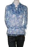 Poppy Garden Cinched Waist Peplum Trumpet Sleeve Sheer Peasant Bohemian Blouse Top Blue L