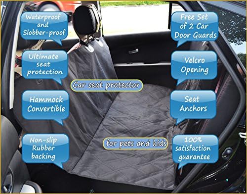 Car Dog Seat Cover with Bonus Dog Restraint Seatbelt Harness, Non-Slip Rubber Backing and Seat Anchors for Cars, Trucks and SUVs, Hammock Feature, Custom Fitted Design, Black