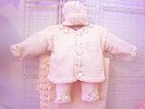 Knitted on Hand Knitting Machine Baby Pink Chenille Hand Crochet Finished Infant Girls Cardigan Pant Hat Set and Matching Large Blanket Size 32 By 45 Inches Trimmed with Satin Rosebuds