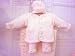 Knitted on Hand Knitting Machine Baby Pink Chenille Hand Crochet Finished Infant Girls Cardigan Pant Hat Set and Matching Large Blanket Size 32 By 45 Inches Trimmed with Satin Rosebuds Image