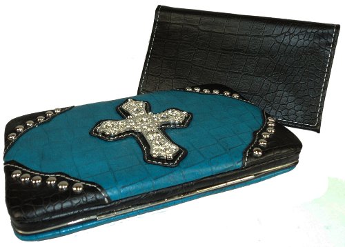 Western Rhinestone Cross Moc Croc Flat Clutch Womens Wallet w/ Checkbook Cover in Choice of Colors