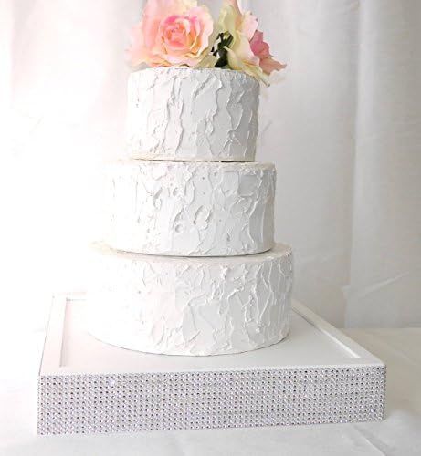 Wedding Cake Stand White trimmed with Crystal Wrap Ribbon - Wood Cake Stand - 14 inches square x 2.5 inches tall