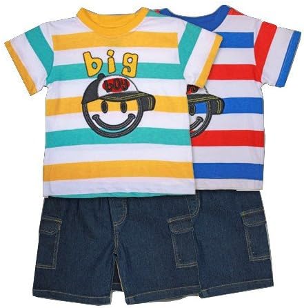 Denim 2 Side Pockets Shorts with Happy Face Blue Red White Stripes Top 3t
