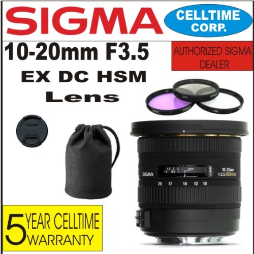 Sigma 10-20mm F3.5 EX DC HSM Wide Angle Zoom Lens for Nikon Digital SLR Cameras + 3 Piece Filter Kit with Case + Lens Case + Celltime 5 Year Warranty