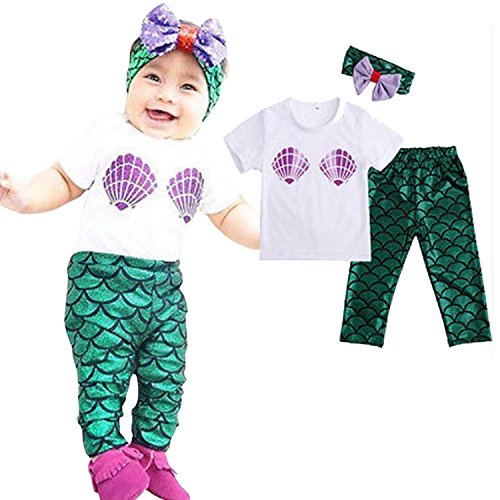 Baby Girls Cute Shell T-shirt + Mermaid Pants Outfit with Headband