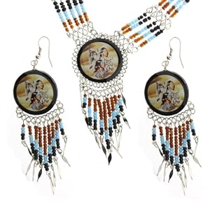 Native American Style Dangle Necklace and Earrings Set with Native Figure Image- Black, Blue and Amber - 3.5