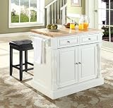 Butcher Block Top Kitchen Island in White with 24" Black Upholstered Square Seat Stools