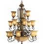Progress Lighting P4499-111 Fifteen-Light Three-Tier Chandelier with Three-Light Bowl That Features Golden Antique Amber Glass and A Center Column, Desert Sand