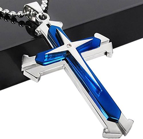 Stainless Steel Cross Pendant - 0.46 Ounces Blue Star Cross Pendants Necklace Chain For Men &amp; Women - With Fashion Desigh And High Quality - 17 Inches Chain (Blue)