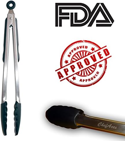Stainless Steel Food Tongs with Silicone Tips, Locking System, Loop for Hanging in Convenient Location, 12 Inches, FDA Approved, Dishwasher Safe, Nonstick. Perfect Kitchen Tong for Food Serving, Grill, Salad, Cooking, Barbecue and FREE BONUS