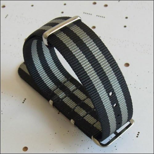 NATO-Style Black and Grey Striped Nylon Strap with Stainless Steel Buckles - 20mm - NATO-4-SS-0001