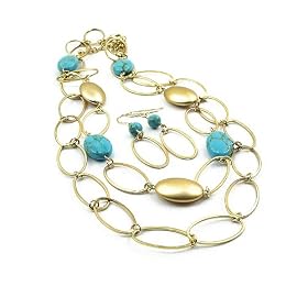 Goldtone Turquoise Stone Large Link Necklace Earring Set Fashion Jewelry
