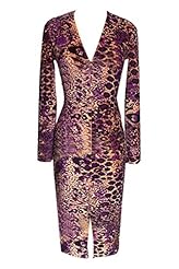 Long Sleeves Plunging Neck Polyester Leopard Print Bodycon Dress 