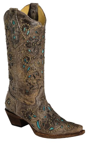 Corral Women's Studded Turquoise Leather Inlay Cowgirl Boot Snip Toe