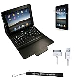 Delux Leather Portfolio Protector Case Cover with Built In Stand and Wireless Bluetooth Keyboard for Apple iPad & iPad 2 Tablet ( 1st and 2nd Generation - 16GB 32GB 64GB - WiFi and 3G ) + Includes a USB Data Sync Cable for your iPad