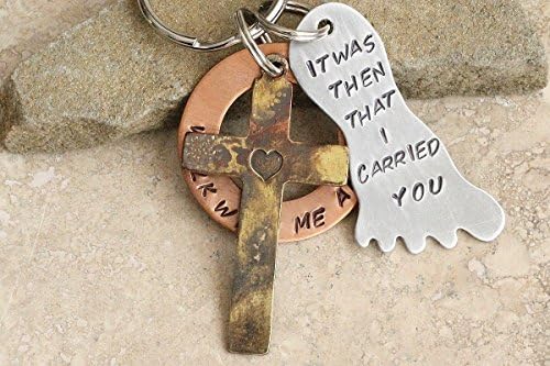 Footprints in the sand 3 piece key chain hand stamped with foot cut out, cross, and washer in copper, brass, and silver aluminum