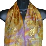 ArtisanStreet's Golden Ginkos Silk Scarf Hand Painted Silk Scarf. Features Metallic Gold Leaves Embossed on Multi-Colored Background. One Of A Kind. Signed By Artisan.