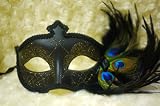 Venetian Mask Sparkles Peacock Feathers on Side - Black & Gold Venetian Mask Sparkles Peacock Feathers on Side - Black & Gold